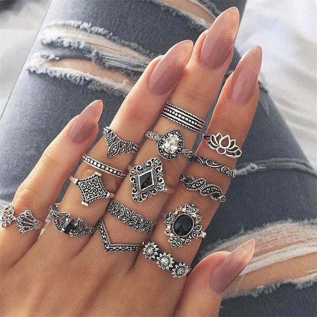 15 Pcs Bohemian Retro Crystal Flower Ring – LUX Wear Mall Women