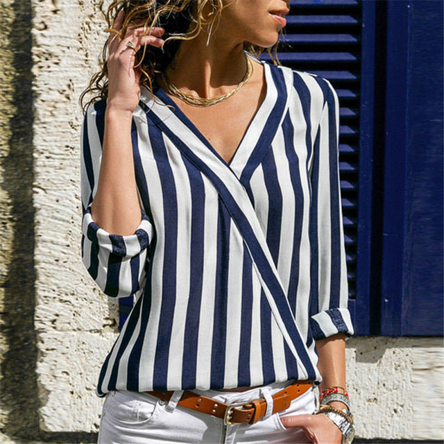 Wavy Stripe Simple Blouse, Elegant V Neck Long Sleeve Blouse, Women's  Clothing - Temu