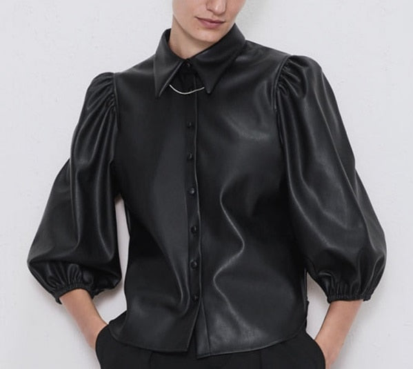 Fluffy Sleeve Women Fashion Faux Leather Blouse