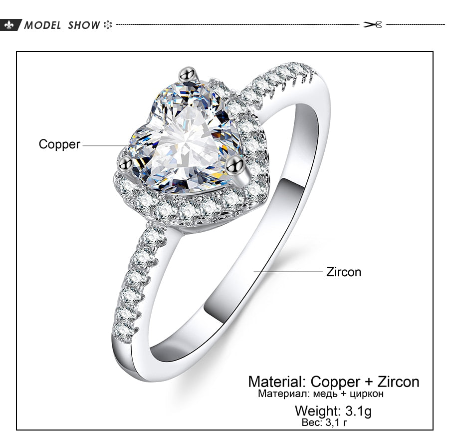 Fashion Crystal Heart Shaped Wedding Rings