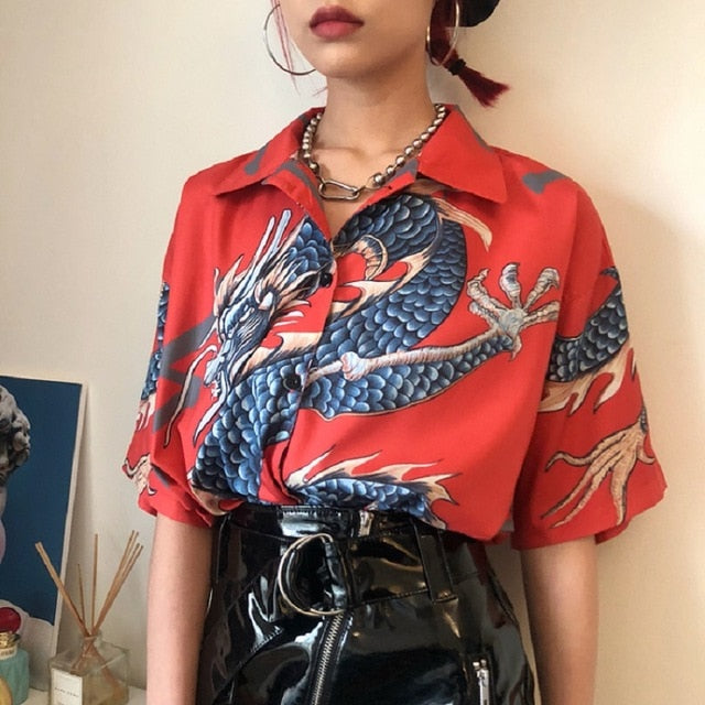 Summer Women Dragon Print Short Sleeve Blouse