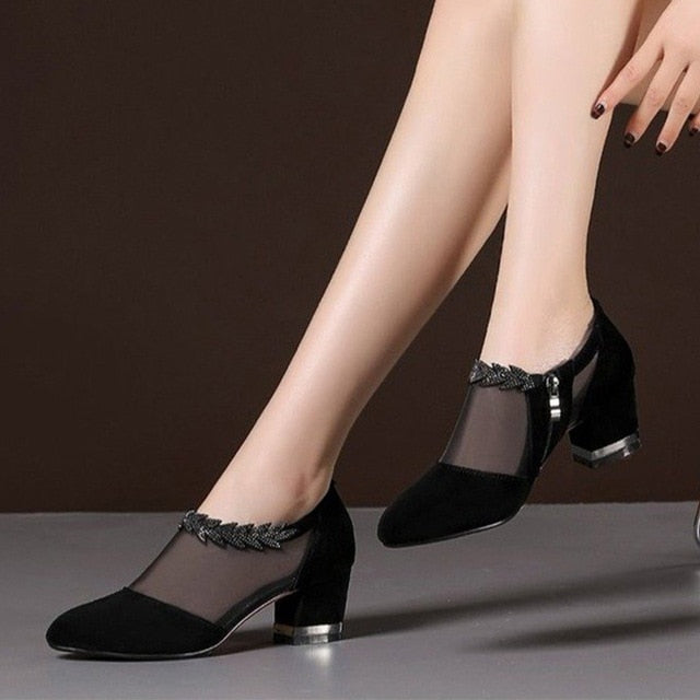 Summer Mesh Breathable Zip Pointed Toe Thick Heel